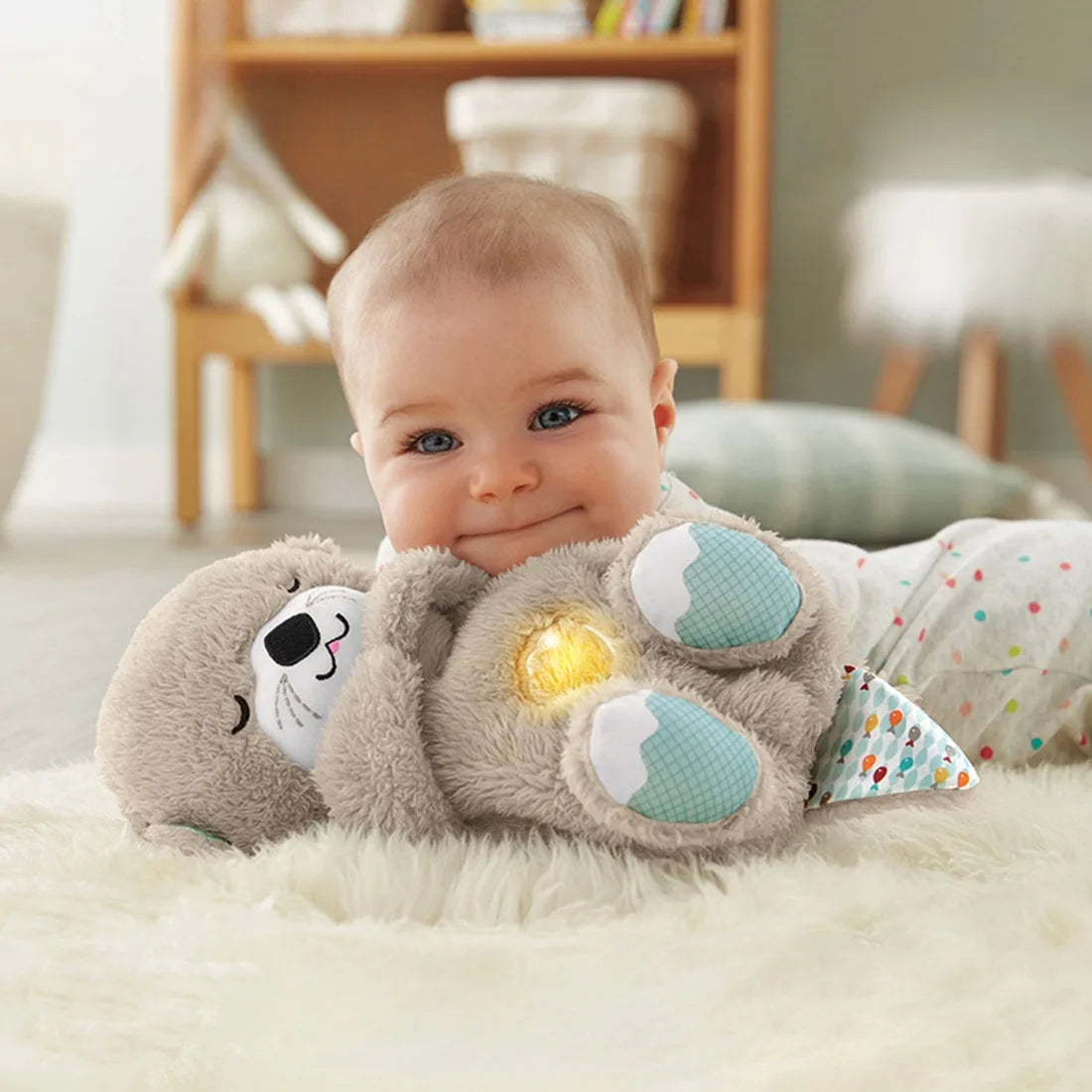 Breathing Otter Plush Toy Pet Cat Nap Sensory with Light and Sound Newborn Baby Gift Baby Musical Doll for Soothing Sleep